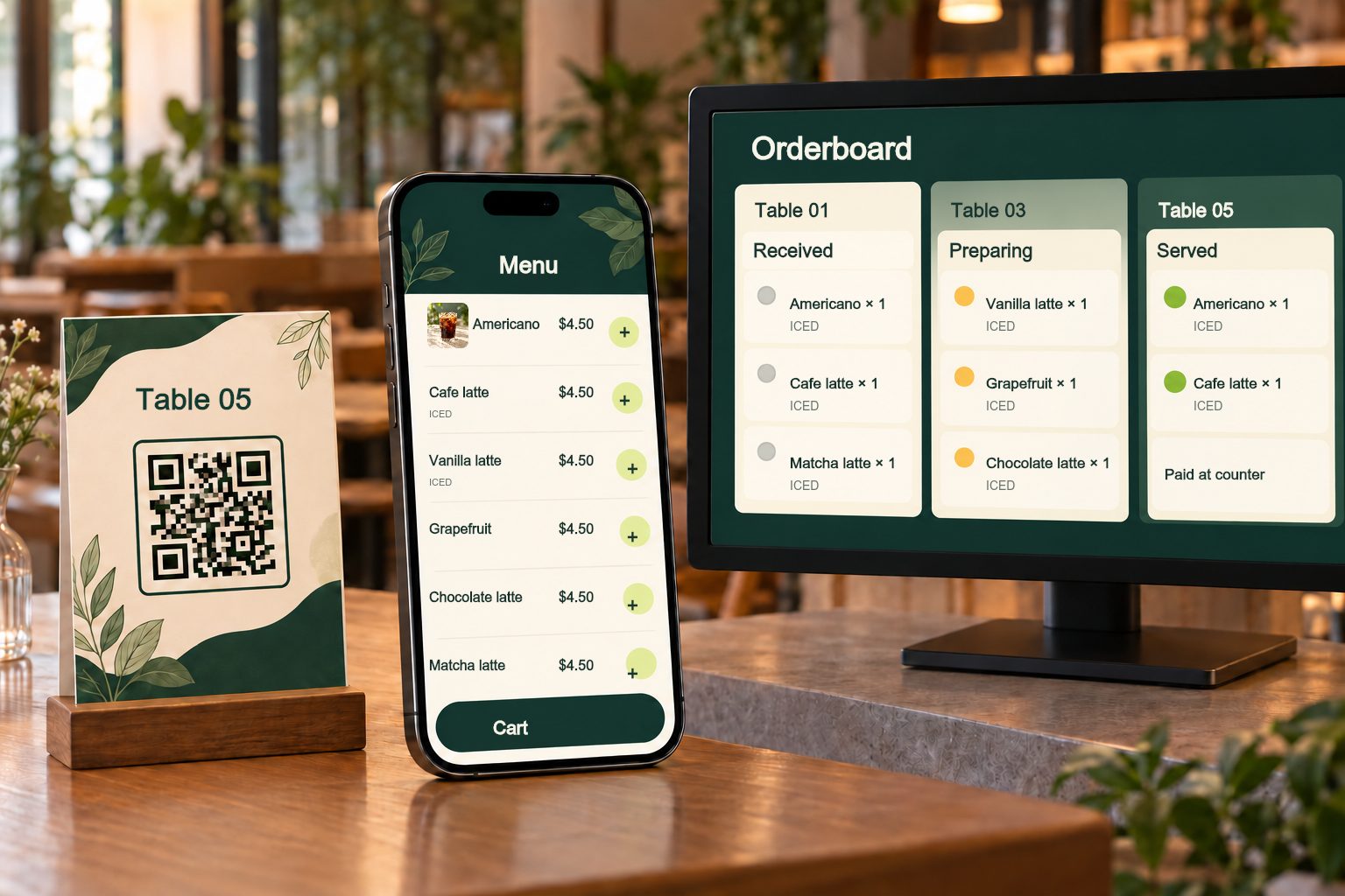 Illustration of a table QR card, a phone menu and cart, and an orderboard with orders grouped by table and status