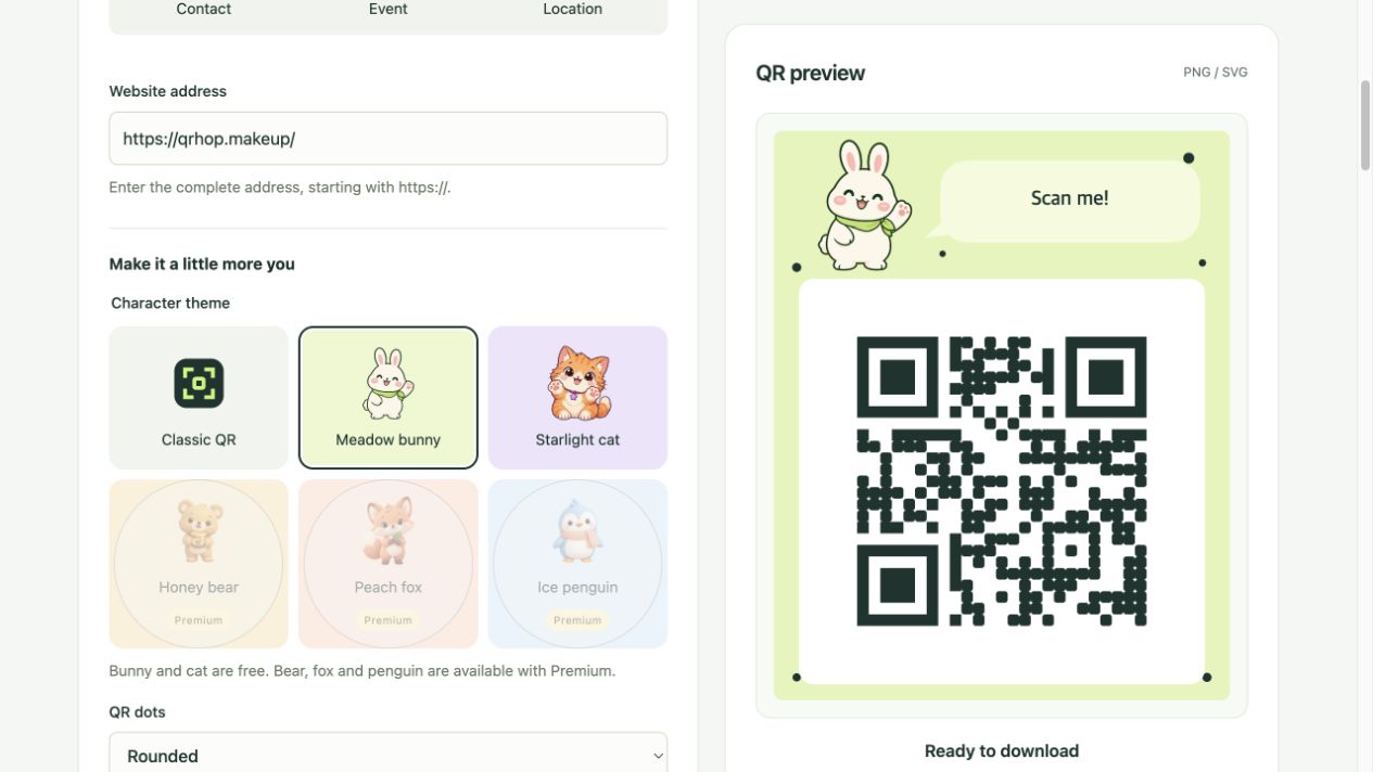Actual free static QR generator capture using a basic URL example. It does not demonstrate paid logo features or a physical camera/print test.