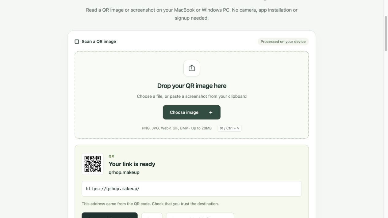 Actual QRhop reader capture using the public original sample. English UI; automatic opening is off.